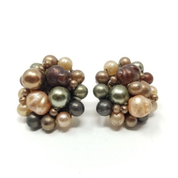 Vintage Neutral Tone Tan and Brown Beaded Cluster Clip On Earrings, Retro, Japan - Picture 1 of 6